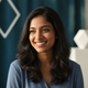 Smiling young South Asian woman in her late 20s with dark hair, wearing a slate blue top, against a soft-focus background.