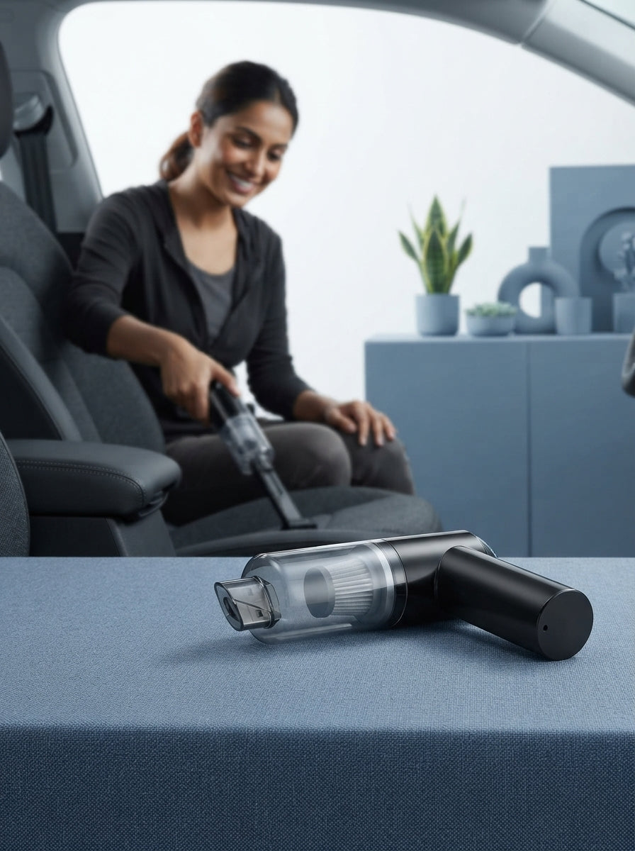 A modern wireless handheld vacuum cleaner on a slate blue surface with a blurred background showing a person cleaning a car.